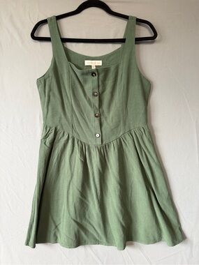 Monteau Los Angeles Womens Sleeveless Button-Front Mini Sundress L Green Linen